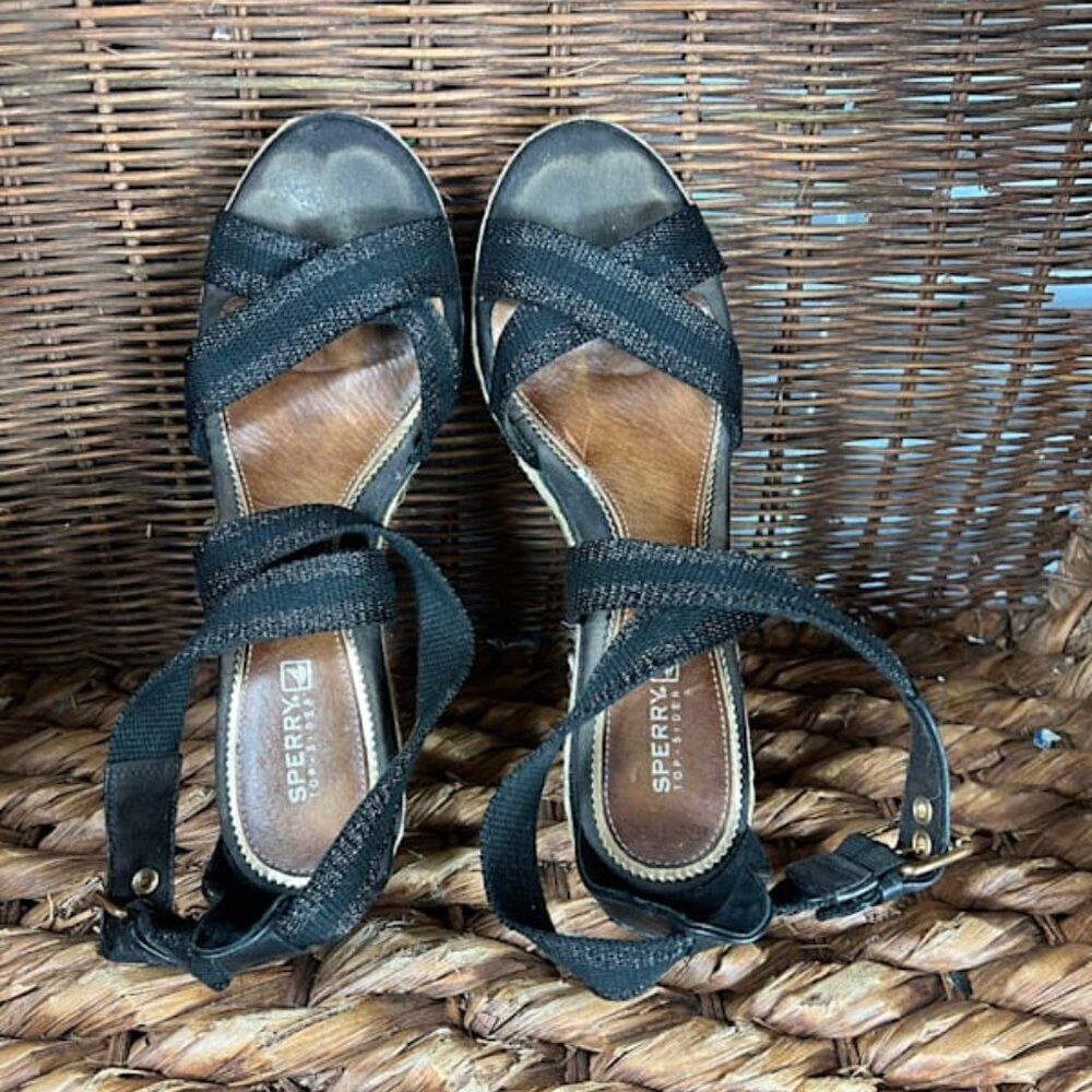 Sperry Women's Black Strappy Top Sider Wedges Sandals Size 8.5 - Picture 4 of 7